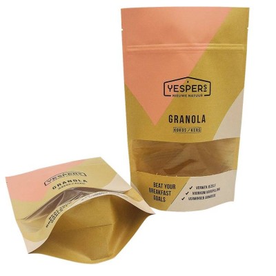 Biodegradable Stand Up Pouch Kraft Paper Food Packaging Bags With Zipper And Window For Tea